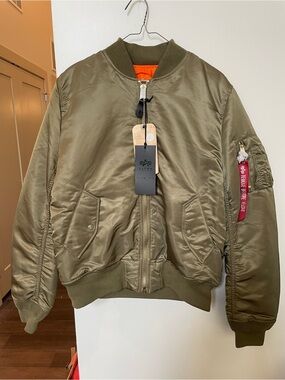 Alpha Industries Olive Green Bomber Jacket with Orange Lining